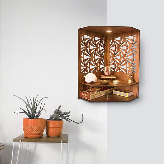 Pushp Beautiful Wooden Pooja Stand for Home/Mandir for Home/Temple for Home and Office/Puja Mandir for Home and Office Wall with LED Spot Light/Product