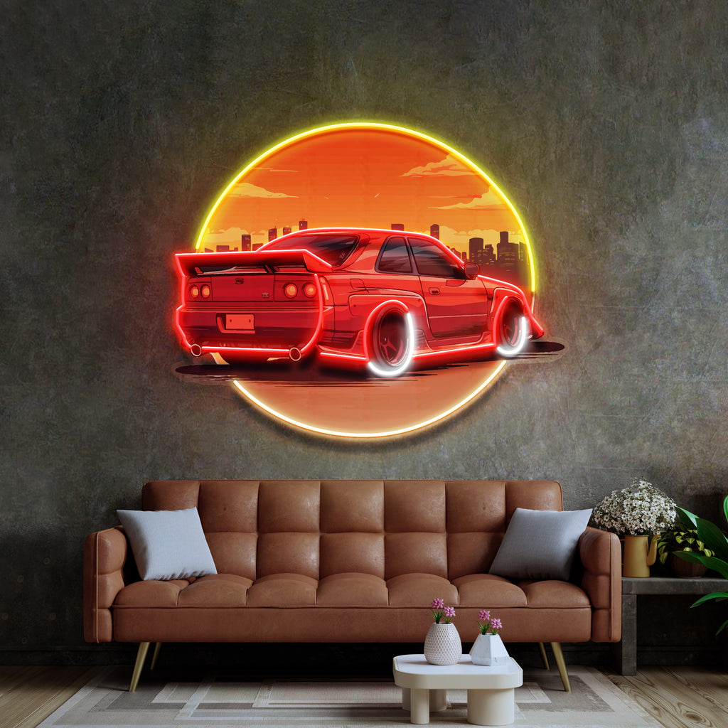 Car With Sunset LED Neon Sign Light Pop Art