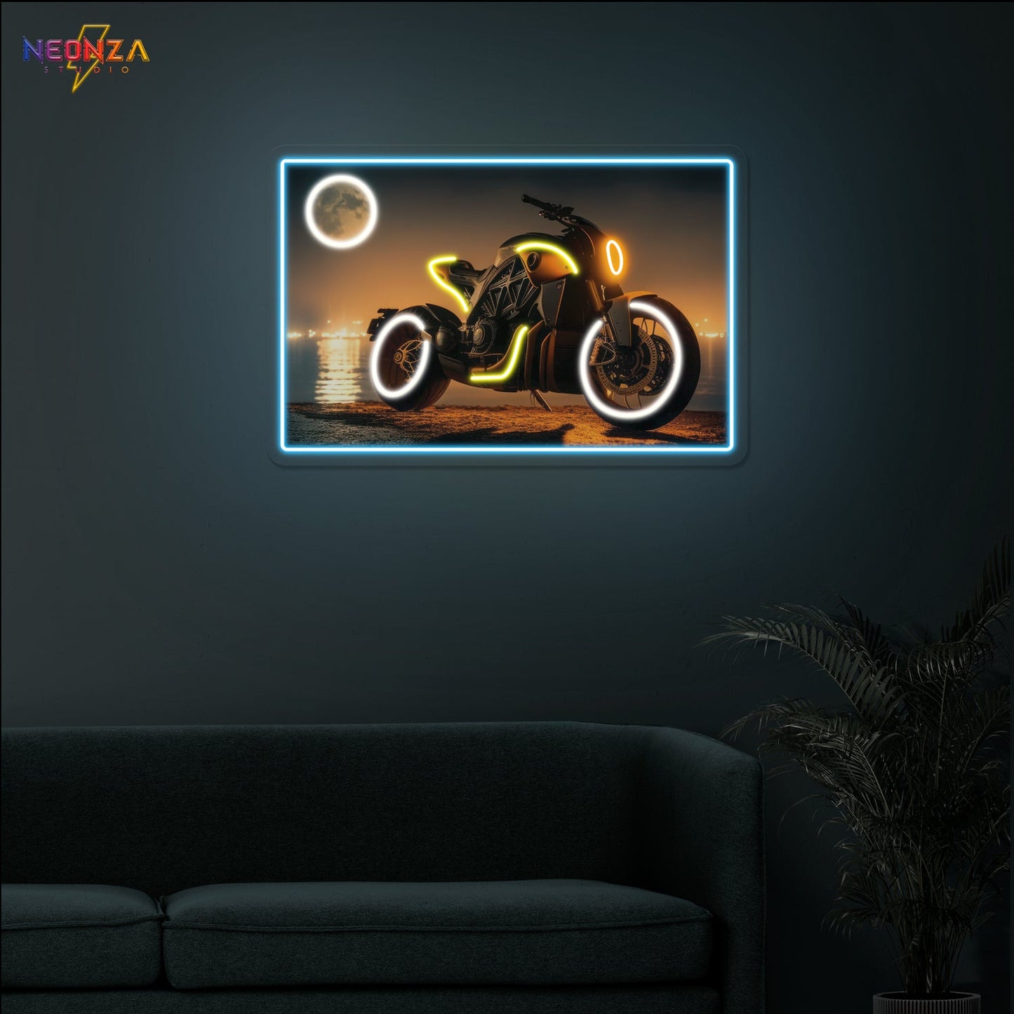 Riding-Cool-Motorcycle with moon Neonsign Artwork