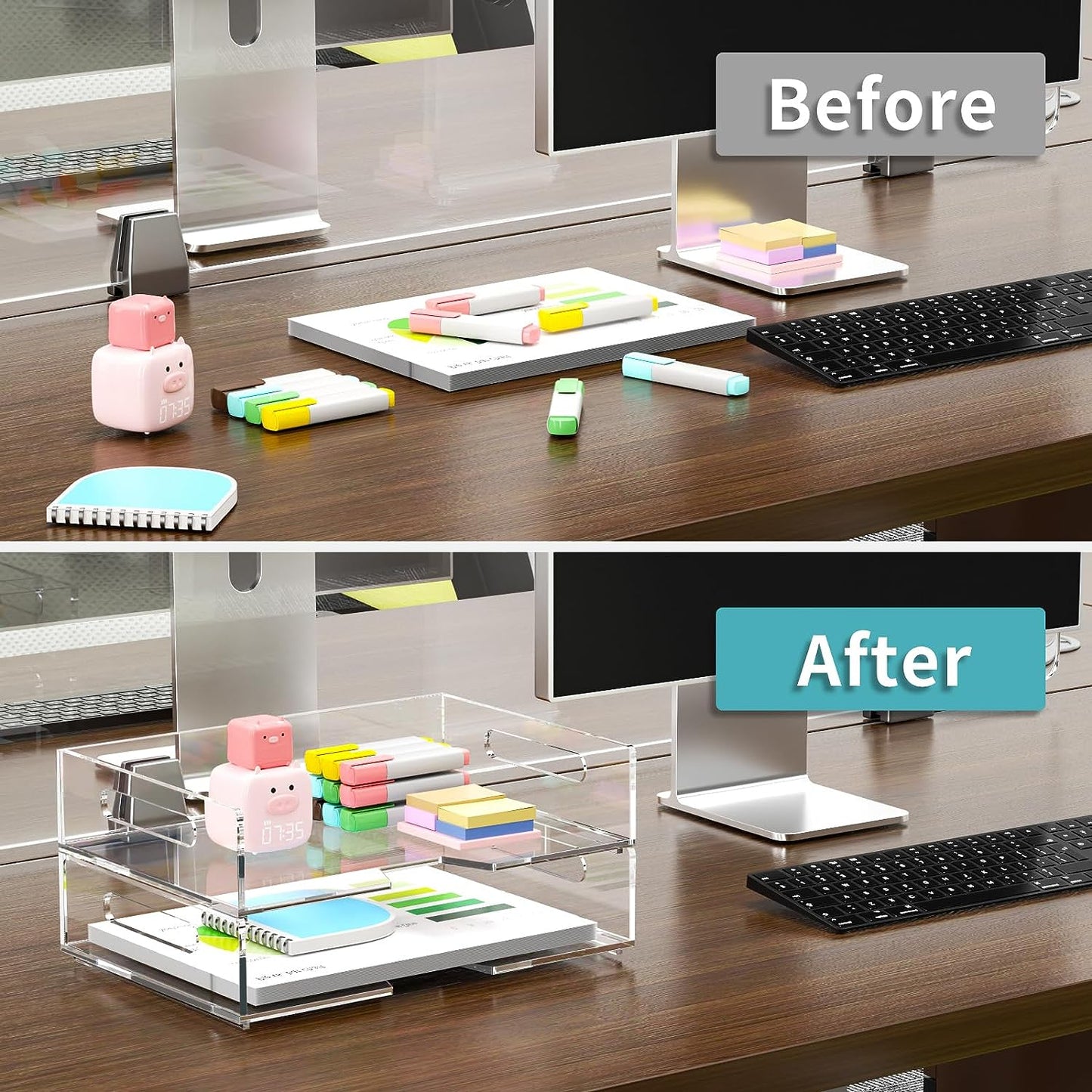 Acrylic Paper Tray 2 Pack Clear Letter Tray Desk Stackable Organizer Tray for School, Home, Office Desk Accessories - Horizontal