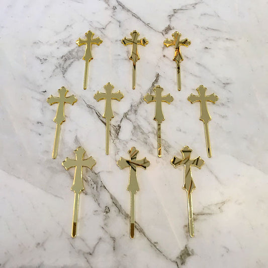 10 x Cross Acrylic Gold Mirror Christening Baptism Cupcake Toppers