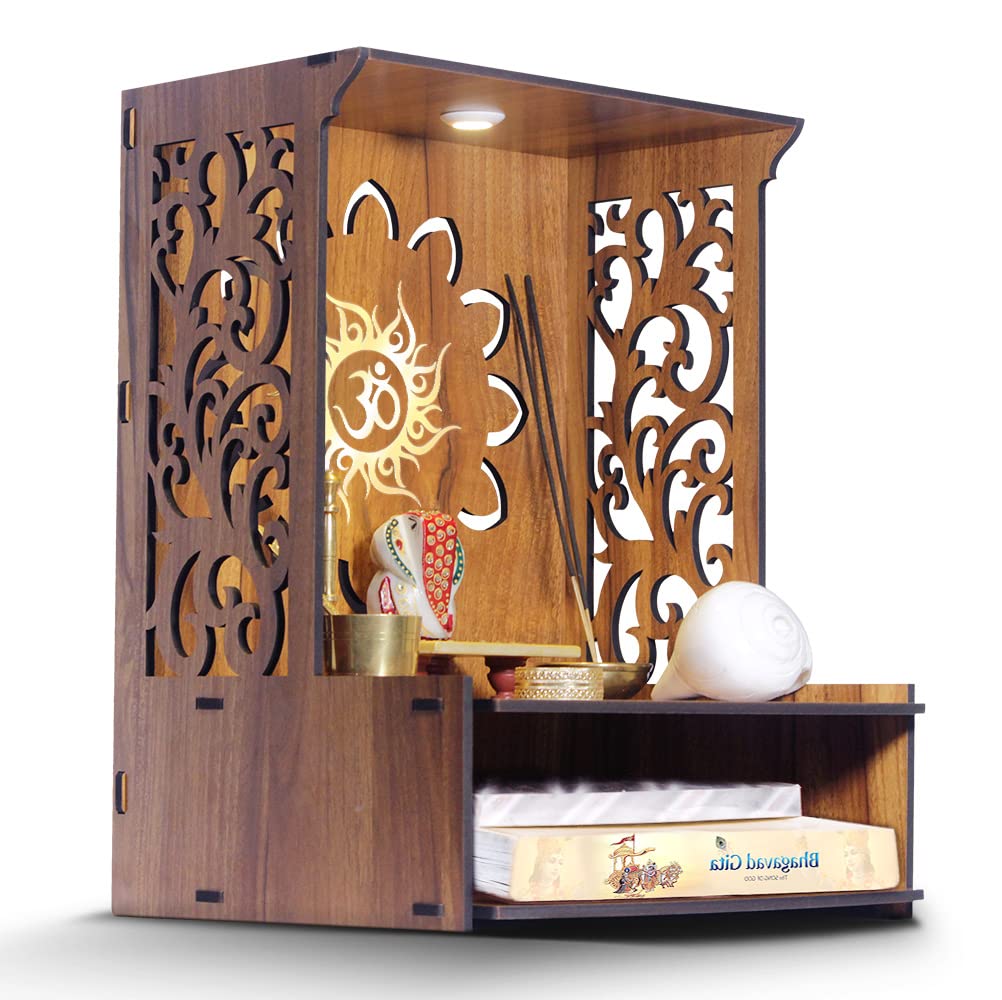 Roli Beautiful Wooden Pooja Stand for Home/Mandir for Home/Temple for Home and Office/Puja Mandir for Home and Office Wall with LED Spot Light/Product