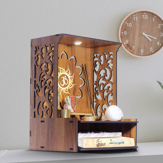 Roli Beautiful Wooden Pooja Stand for Home/Mandir for Home/Temple for Home and Office/Puja Mandir for Home and Office Wall with LED Spot Light/Product