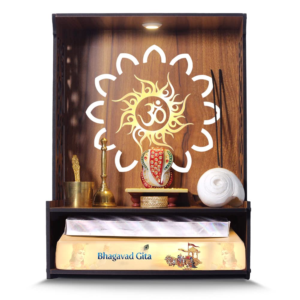 Roli Beautiful Wooden Pooja Stand for Home/Mandir for Home/Temple for Home and Office/Puja Mandir for Home and Office Wall with LED Spot Light/Product