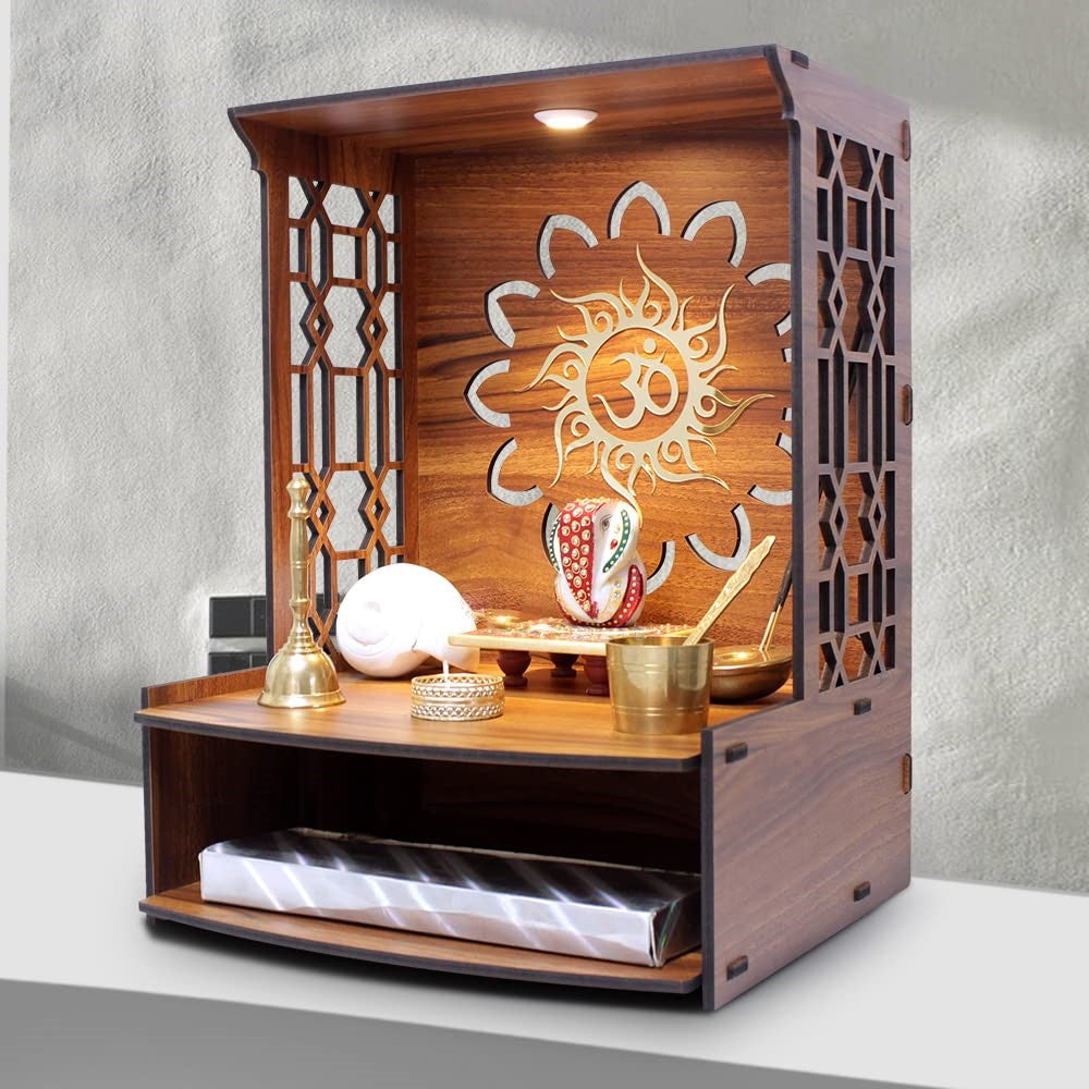 Mangal Beautiful Wooden Pooja Stand for Home/Mandir for Home/Temple for Home and Office/Puja Mandir for Home and Office Wall with LED Spot Light/Product