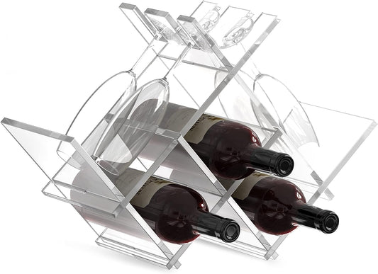 Small Space Acrylic Wine Rack Insert for Cabinet Built in Vertical 3 Bottle Countertop Table Top Bottle with Glass Holder Stand Modern Counter Tower Shelf