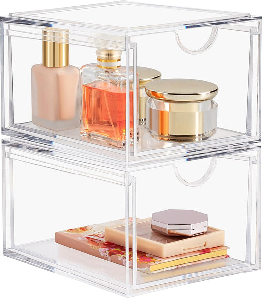 2 Pack Acrylic Stackable Storage Drawers Makeup Organizer, 20% Thicker Clear Bathroom Organizers for Cosmetics, Skin Care, Hair Accessories, Beauty, Vanity, Countertop and Dresser