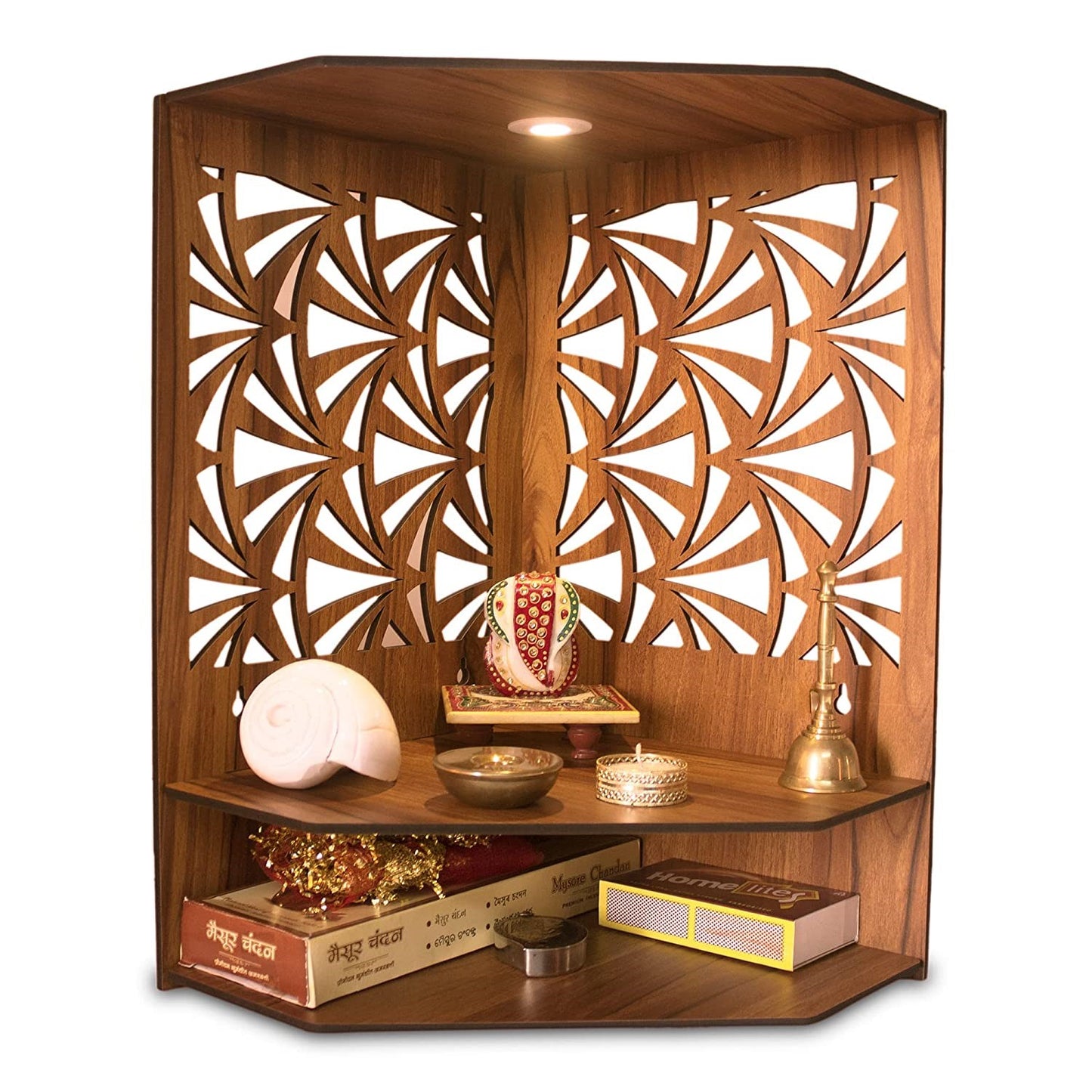 Pushp Beautiful Wooden Pooja Stand for Home/Mandir for Home/Temple for Home and Office/Puja Mandir for Home and Office Wall with LED Spot Light/Product