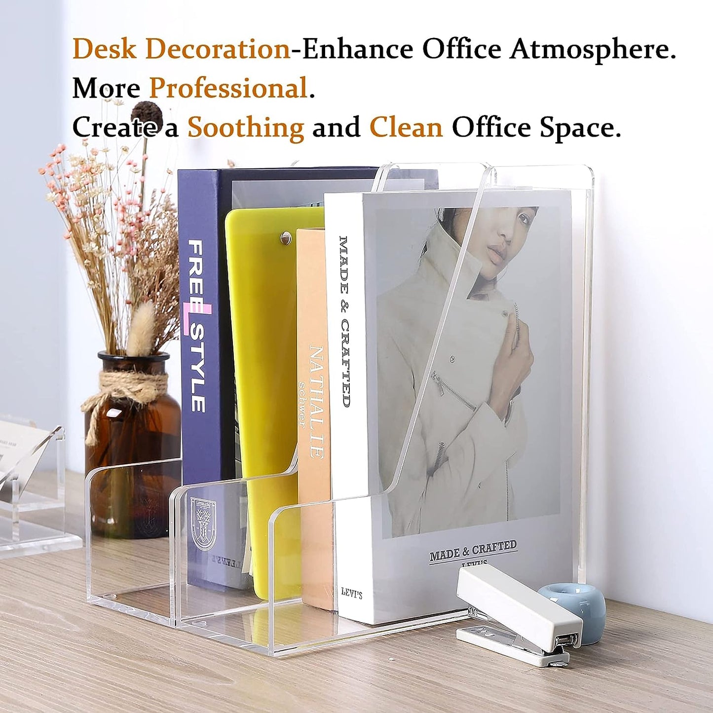 Magazine Holder, Clear Acrylic Desk Organizers, File Organizer for Desk, Magazine Rack- Desktop Book Storage -Independent Vertical 1 Space-2 Pack