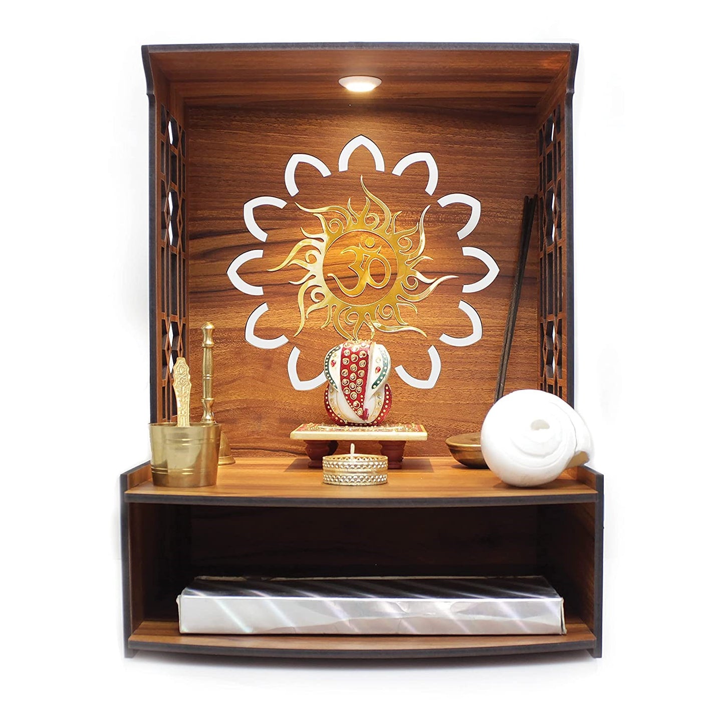 Mangal Beautiful Wooden Pooja Stand for Home/Mandir for Home/Temple for Home and Office/Puja Mandir for Home and Office Wall with LED Spot Light/Product