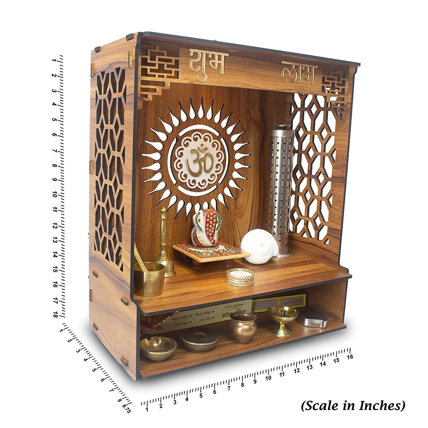 PAVITR Beautiful Wooden Pooja Stand for Home, Mandir for Home/Temple for Home and Office, Puja Mandir for Home and Office Wall with LED Spot Light/Product