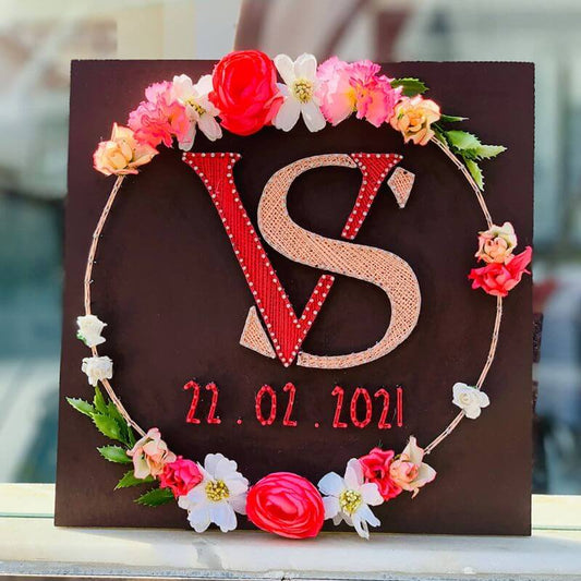 String Art Floral Wreath Personalized Wedding Couple Initials Nameplate
