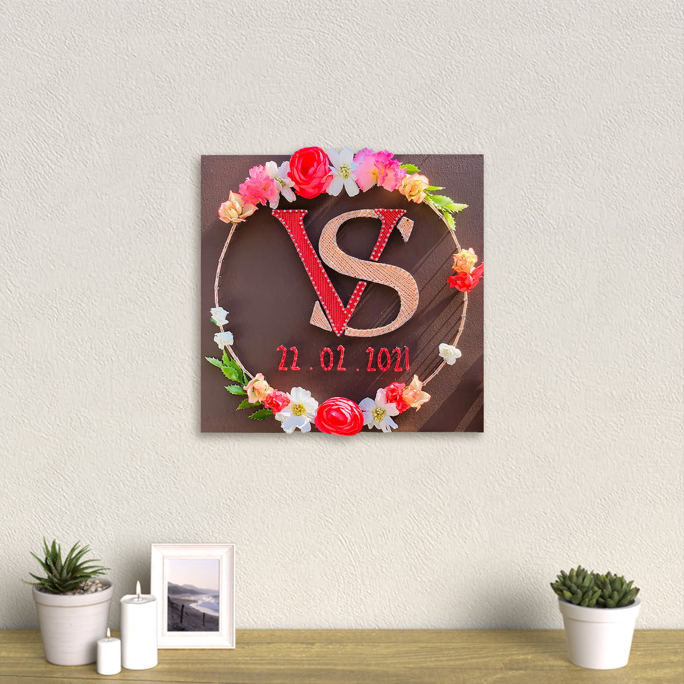 String Art Floral Wreath Personalized Wedding Couple Initials Nameplate