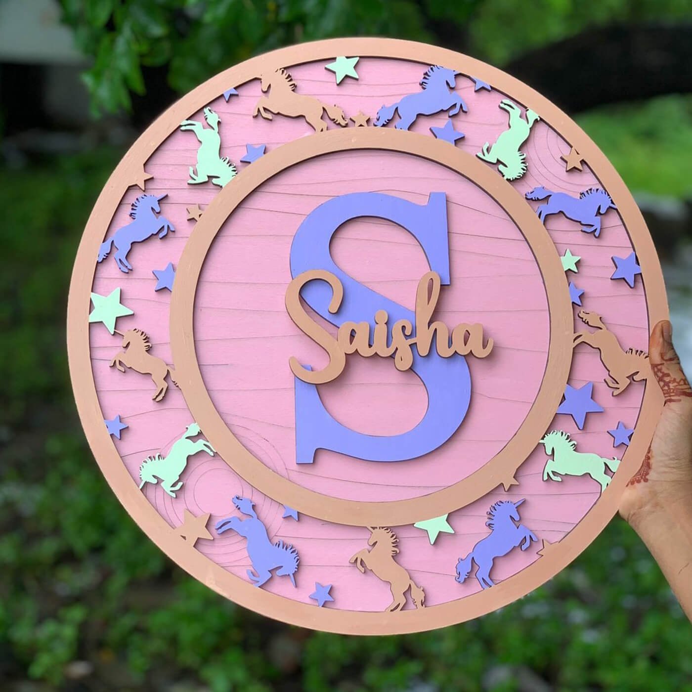 Painted Nameboard for Kids - Initial + Name  with Unicorn Border
