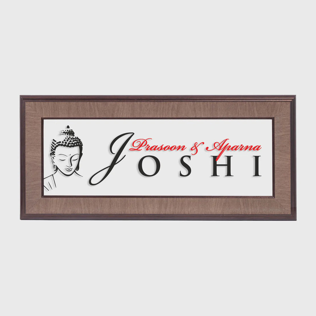 Wooden name plate with buddha on it
