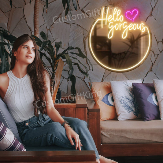 Hello Gorgeous Neon Sign Custom, Neon Sign Light Home Decor, Light up Mirror Wall Decor, Floor Neon Sign, Led Sigs Personalized Gifts
